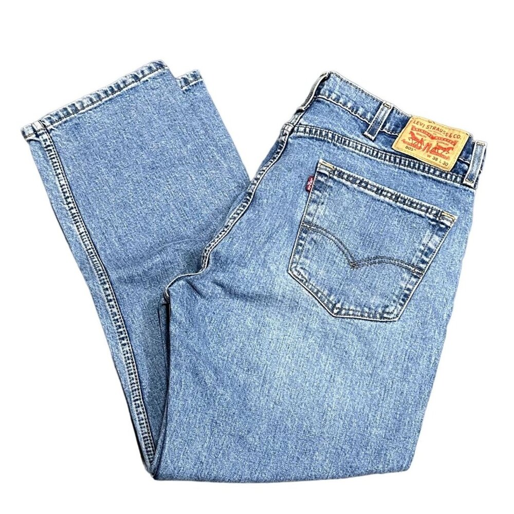 Levi Strauss Mens 38x30 505 Straight Leg Jeans Blue Denim Jeans Light Wash Logo